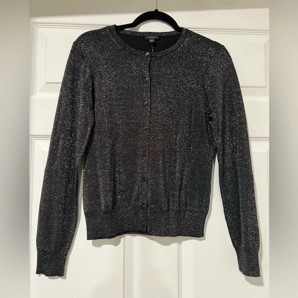 Ann Taylor Long Sleeve Button Up Cardigan Sweater Medium Black Metallic Sparkle - Picture 2 of 6
